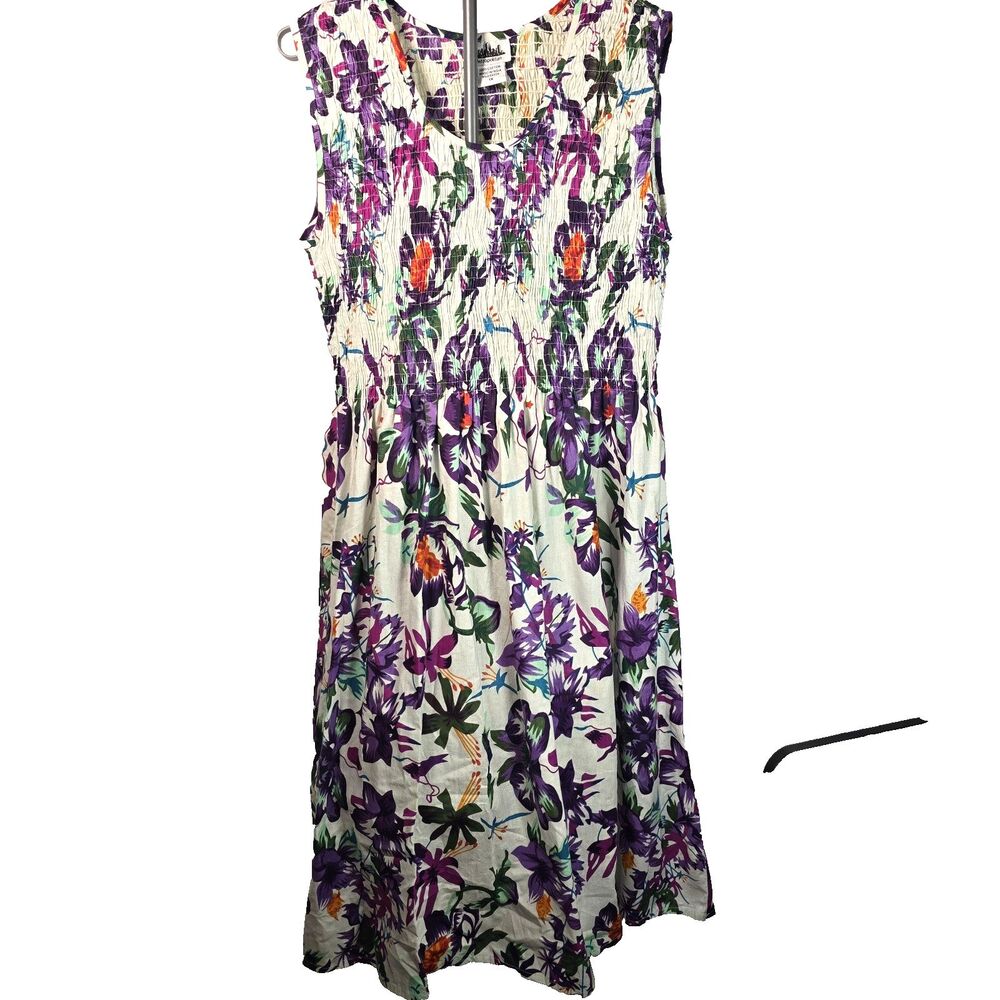 Metropolitan 1X Floral Midi Dress 100% Cotton Smocked Sleeveless Boho Cottage